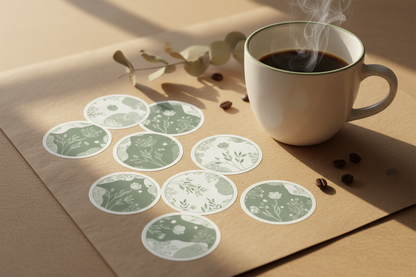 Premium circle stickers with botanical designs on kraft paper